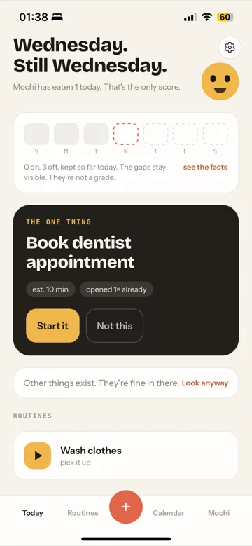 Gremlin Today screen: Wednesday, one task shown, Book dentist appointment, with the rest tucked away.