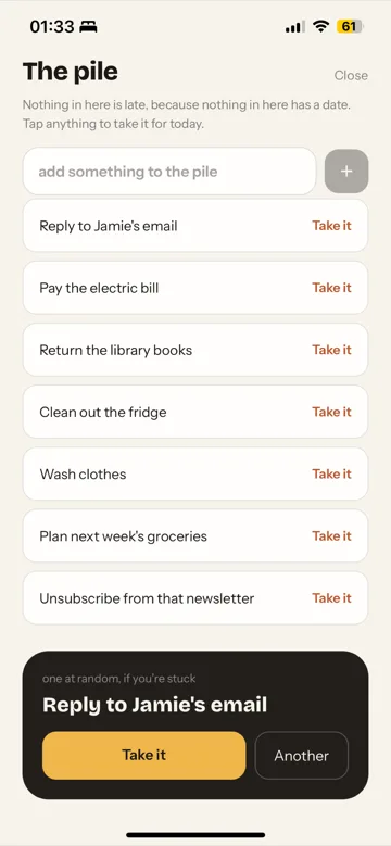 Gremlin pile screen: seven tasks and a random pick, Reply to Jamie's email.