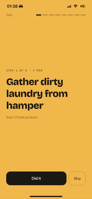 Gremlin routine runner: step 1 of 8, gather dirty laundry from hamper.
