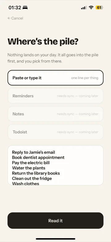 Gremlin import screen: paste a plain list of tasks, one per line.